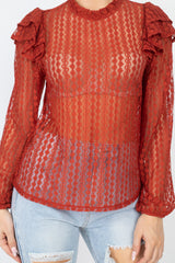 Wholesale Sheer Crochet Lace Ruffled Top