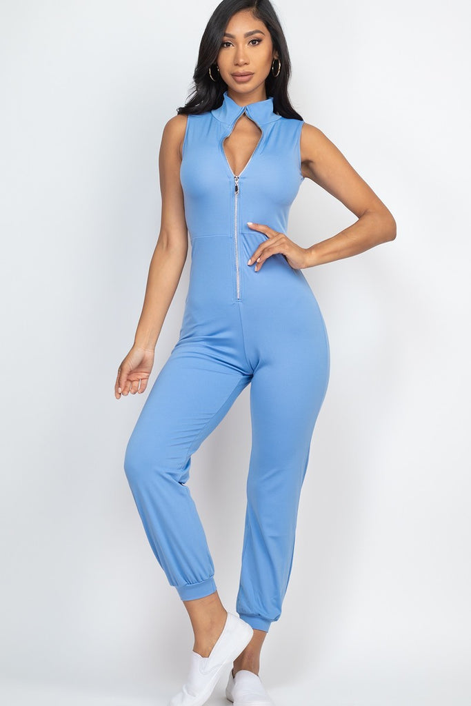 blue Sleeveless Zip Front Jumpsuit 