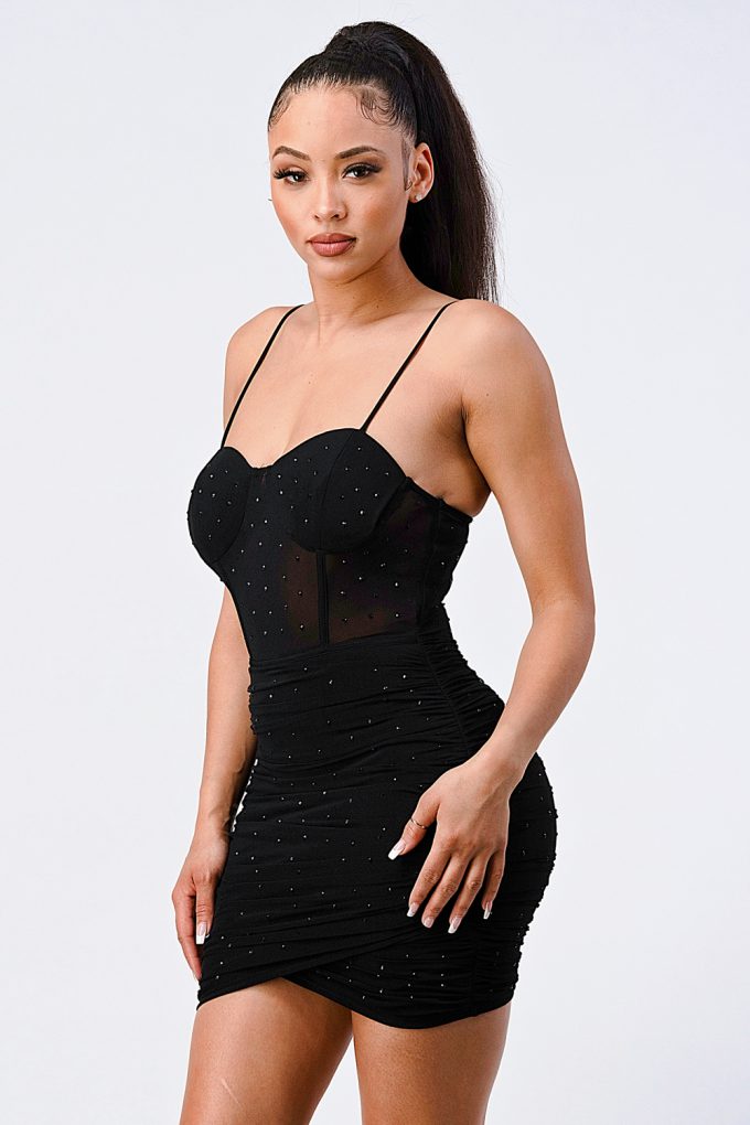 Luxe glitter front mesh ribbed cami mini dress