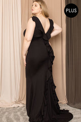 Black Ruffle Drapped Tail Plus Size Maxi Dress