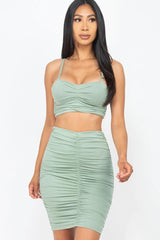 green Ruched Crop Top & Skirt Set