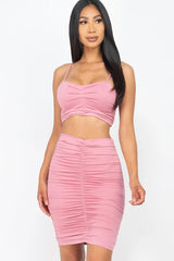 PInk Ruched Crop Top & Skirt Set