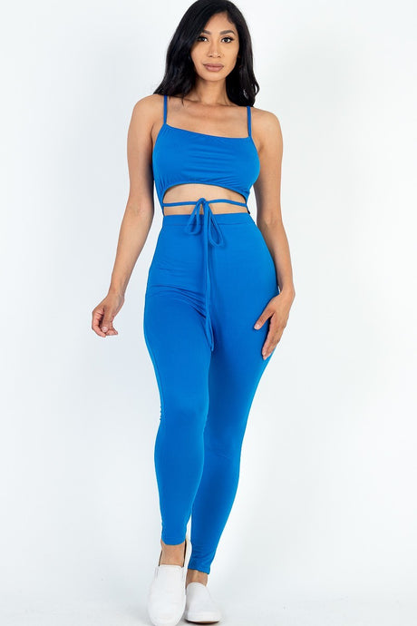 blue Wholesale Tie Front Cut Out Jumpsuit