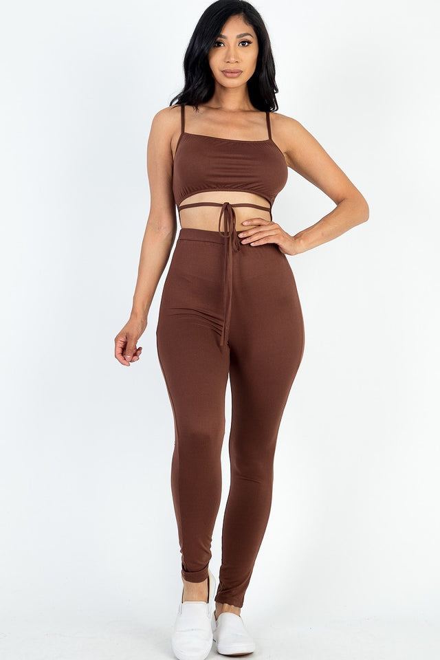 brown Wholesale Tie Front Cut Out Jumpsuit