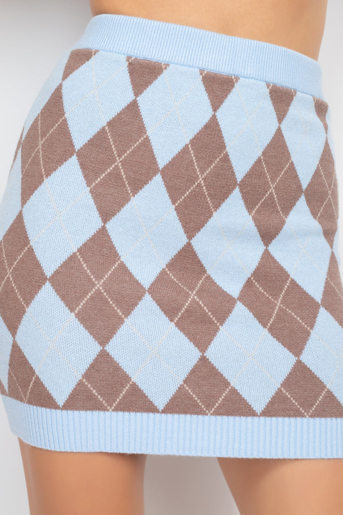 Brown and blue Diamond Print High Waist Sweater Mini Skirt