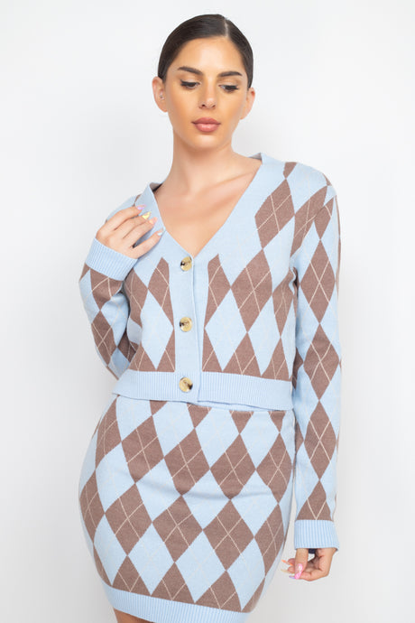 Brown and blue Wholesale Diamond Print Cardigan