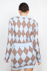 Brown and blue Wholesale Diamond Print Cardigan