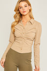 khaki Wholesale Ruched Front Button Down Top