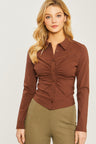 brown Wholesale Ruched Front Button Down Top