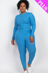 blue Plus Size Ribbed Mock Neck Long Sleeve Top & Leggings Set