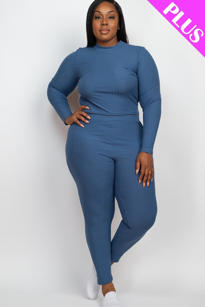 blue haze Plus Size Ribbed Mock Neck Long Sleeve Top & Leggings Set