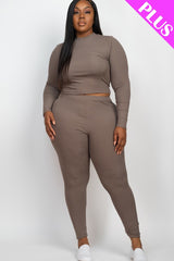 taupe Plus Size Ribbed Mock Neck Long Sleeve Top & Leggings Set