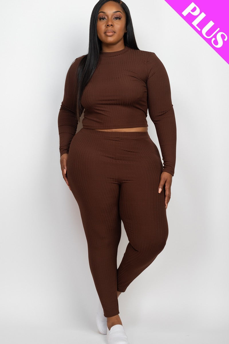 dark coffee brown Plus Size Ribbed Mock Neck Long Sleeve Top & Leggings Set