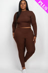 dark coffee brown Plus Size Ribbed Mock Neck Long Sleeve Top & Leggings Set