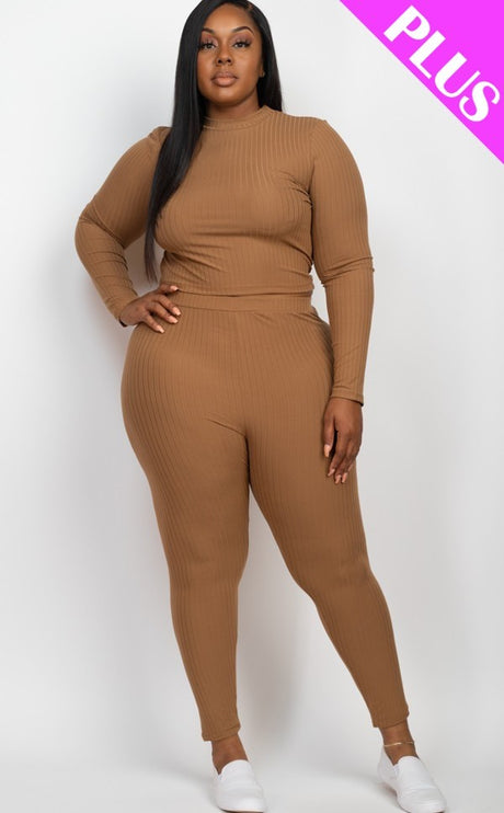 mocha Plus Size Ribbed Mock Neck Long Sleeve Top & Leggings Set