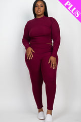 burgundy Plus Size Ribbed Mock Neck Long Sleeve Top & Leggings Set