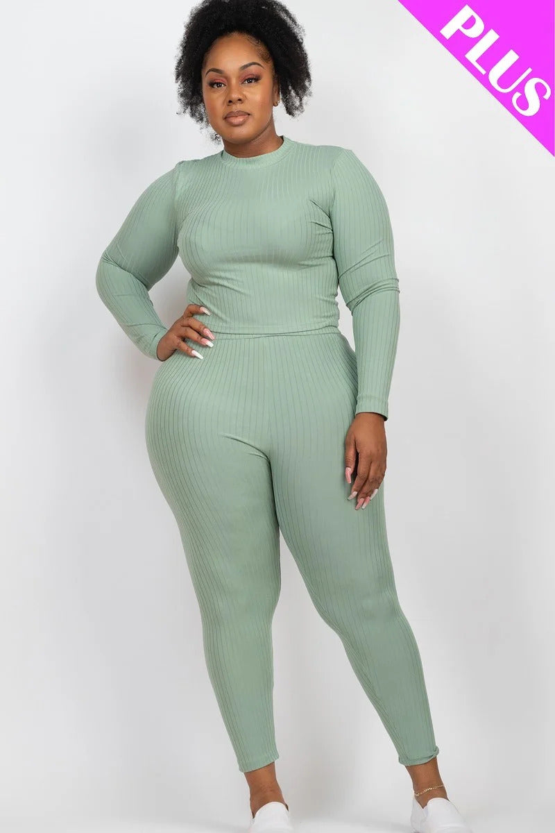 green Plus Size Ribbed Mock Neck Long Sleeve Top & Leggings Set