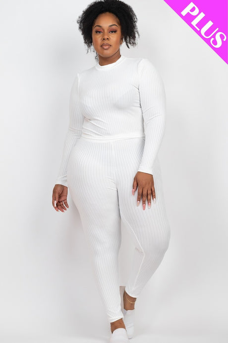 white Plus Size Ribbed Mock Neck Long Sleeve Top & Leggings Set