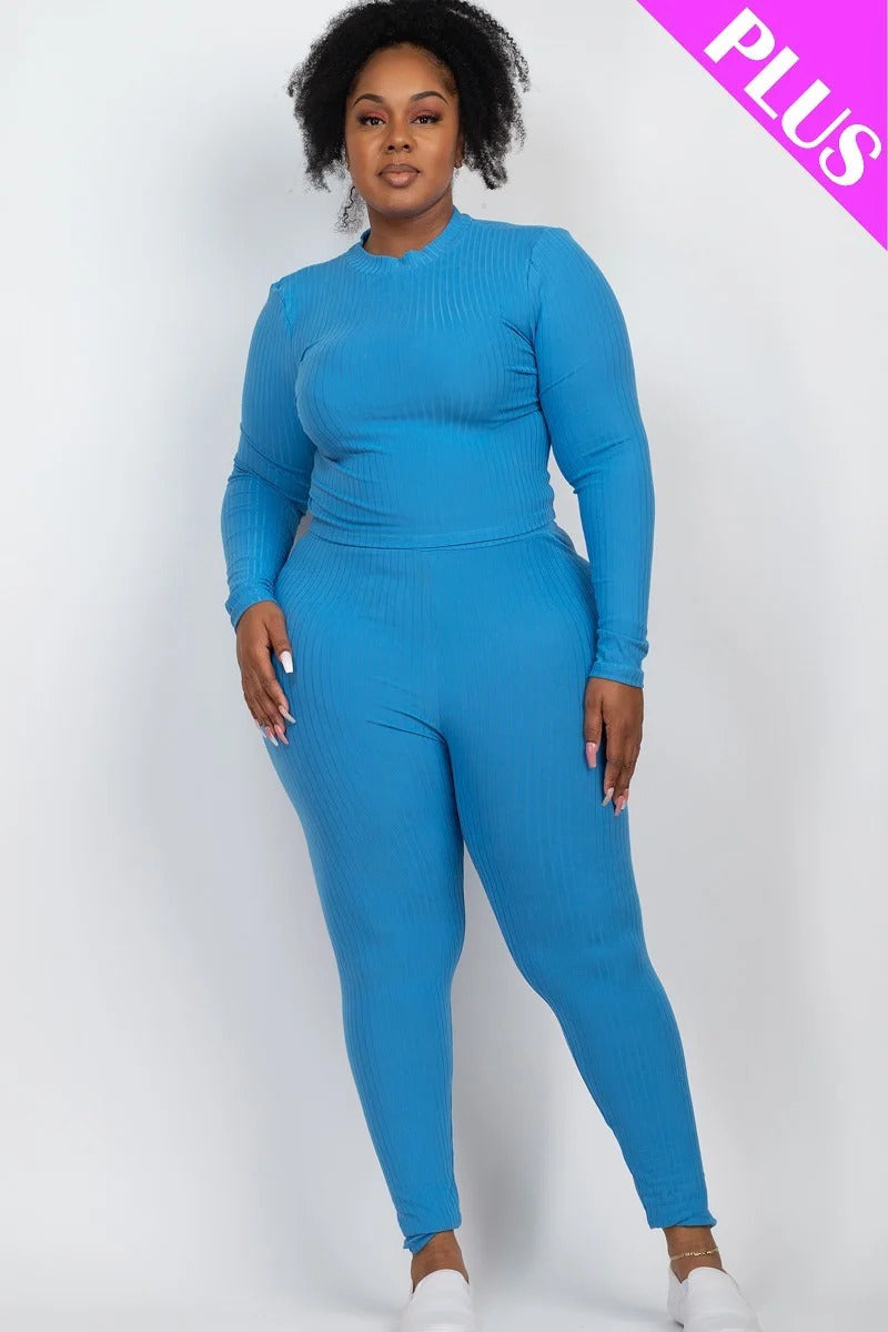 blue Plus Size Ribbed Mock Neck Long Sleeve Top & Leggings Set