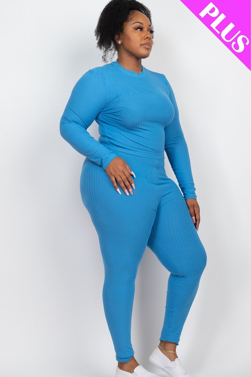 blue Plus Size Ribbed Mock Neck Long Sleeve Top & Leggings Set