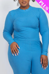 blue Plus Size Ribbed Mock Neck Long Sleeve Top & Leggings Set