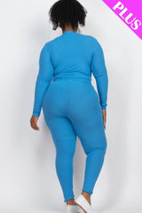 blue Plus Size Ribbed Mock Neck Long Sleeve Top & Leggings Set