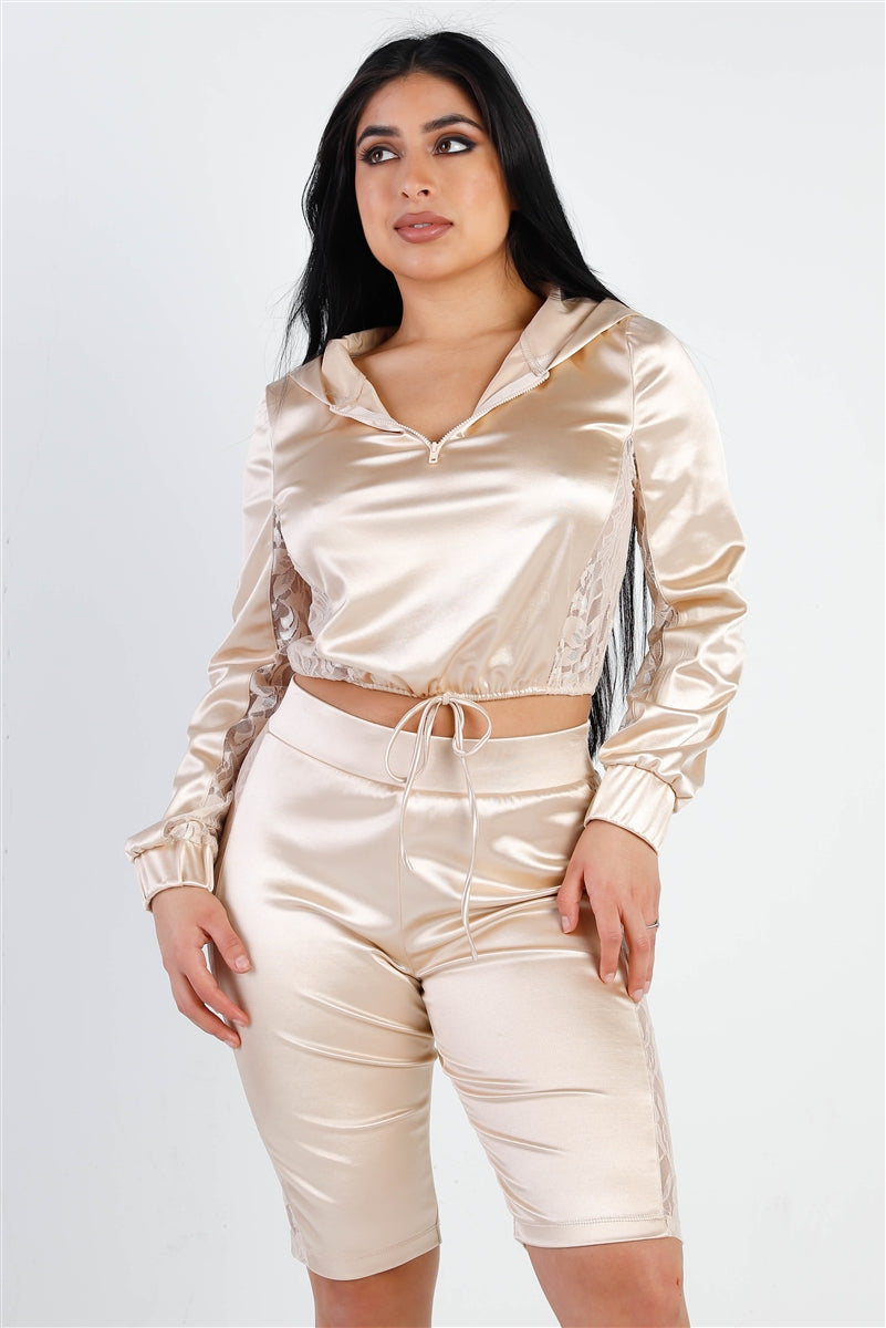 champagne Satin Lace Details Long Sleeve Hooded Crop Top & Biker Short Set