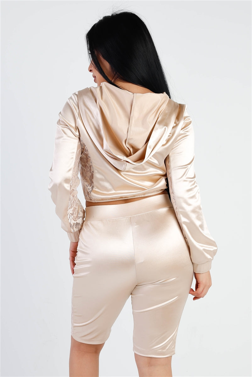 champagne Satin Lace Details Long Sleeve Hooded Crop Top & Biker Short Set