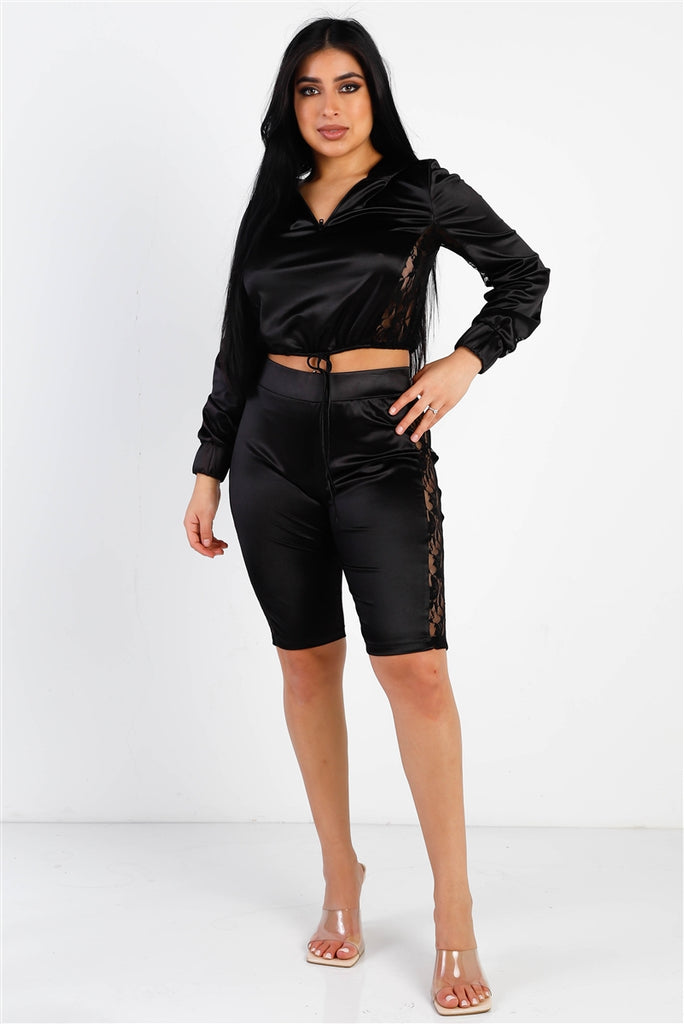 Black Satin Lace Details Long Sleeve Hooded Crop Top & Biker Short Set