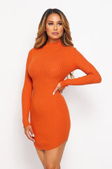 orange knit mock neck long sleeve mini dress