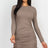 taupe Ribbed Long Sleeve Drawstring Bodycon Midi Dress