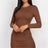 Brown Ribbed Long Sleeve Drawstring Bodycon Midi Dress