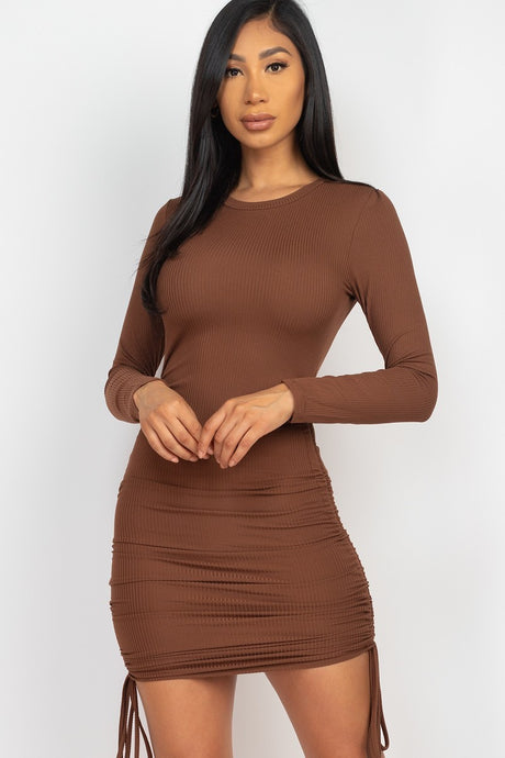 Brown Ribbed Long Sleeve Drawstring Bodycon Midi Dress