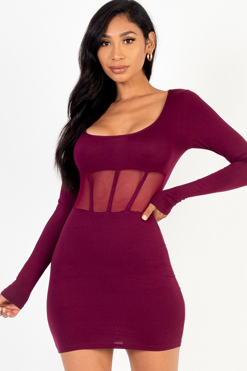 burguny Square Neck Mesh Corset Mini Dress