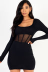 Black Square Neck Mesh Corset Mini Dress