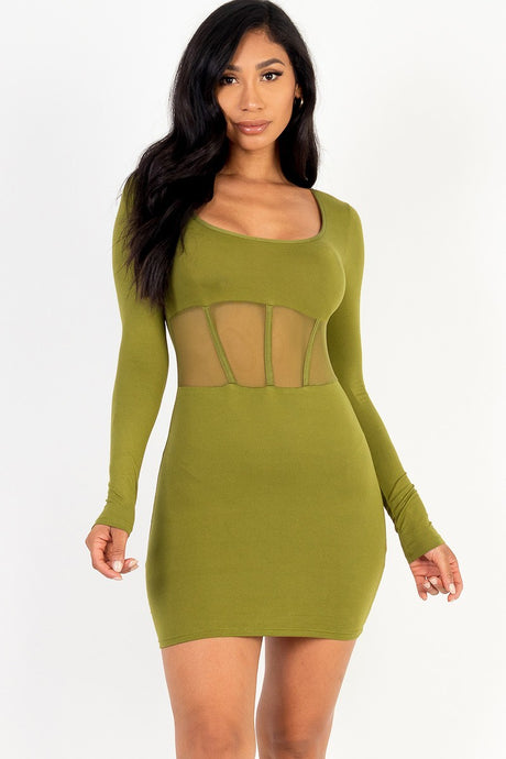 olive Square Neck Mesh Corset Mini Dress