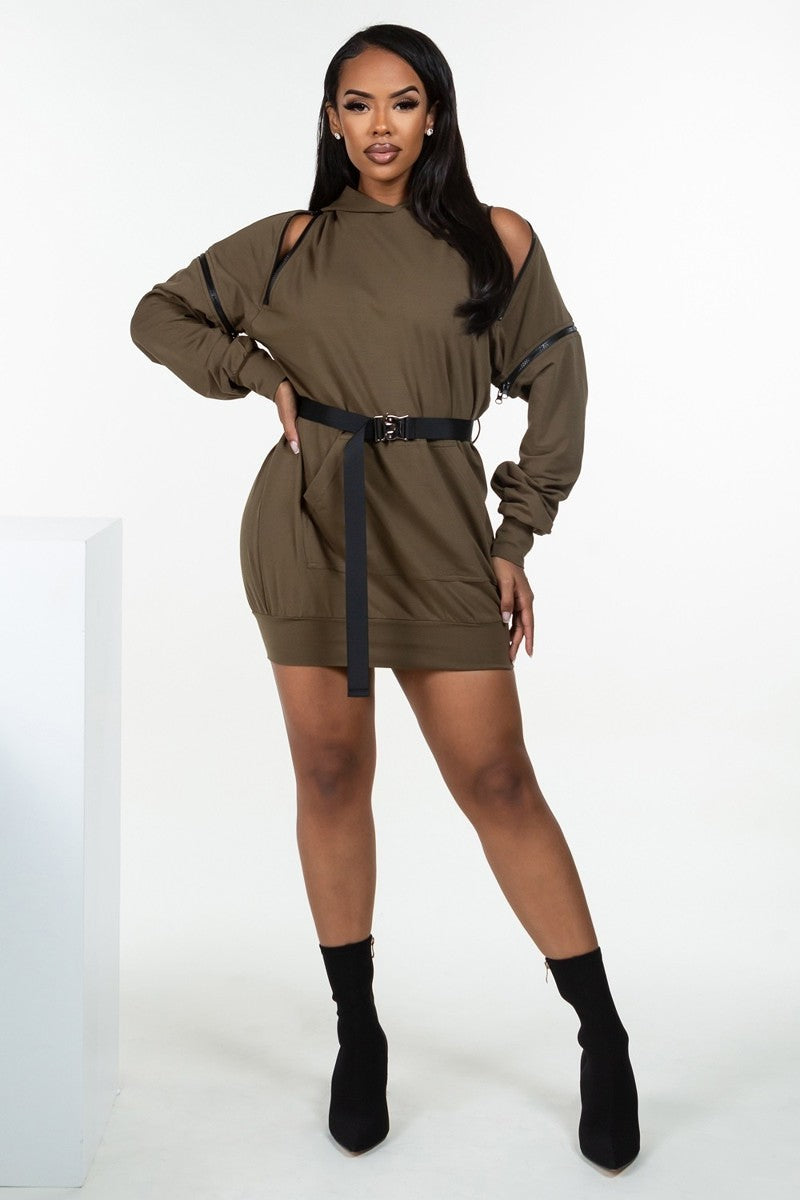 DOUBLE ZIPPER LONG SLEEVE HOODED MINI DRESS WITH AN ACCENT BELT + POCKET DETAILS.  (SLEEVE ZIPPERS ARE DETACHABLE)