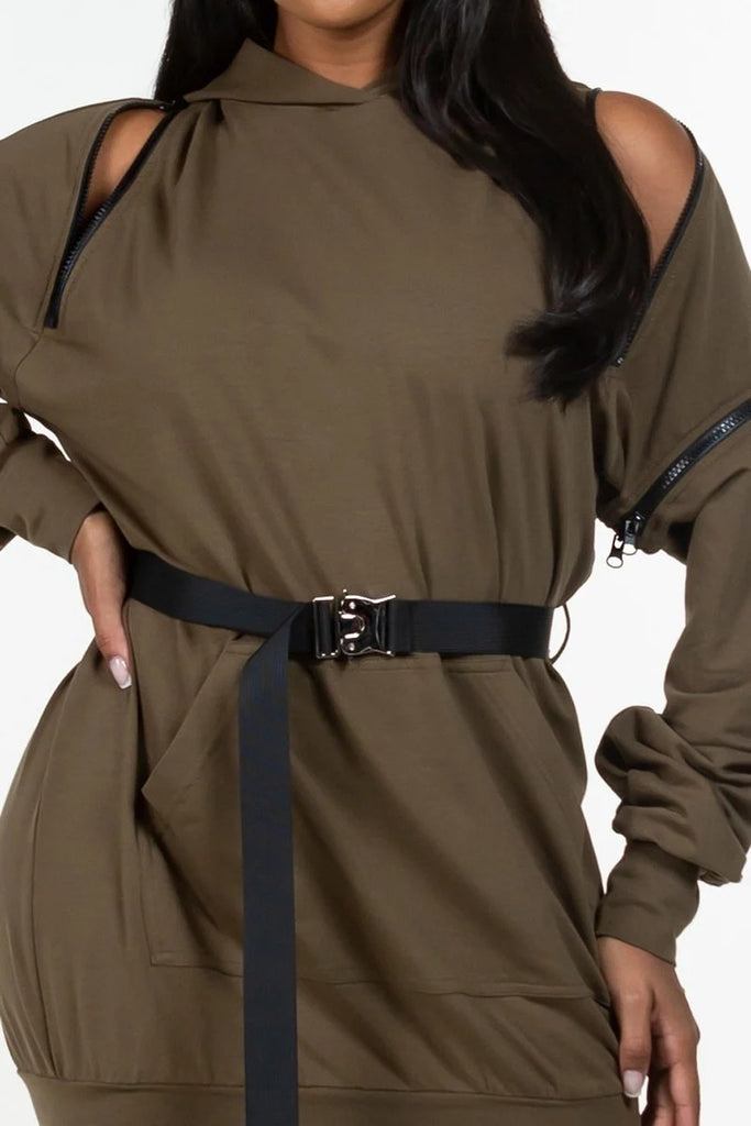 DOUBLE ZIPPER LONG SLEEVE HOODED MINI DRESS WITH AN ACCENT BELT + POCKET DETAILS.  (SLEEVE ZIPPERS ARE DETACHABLE)