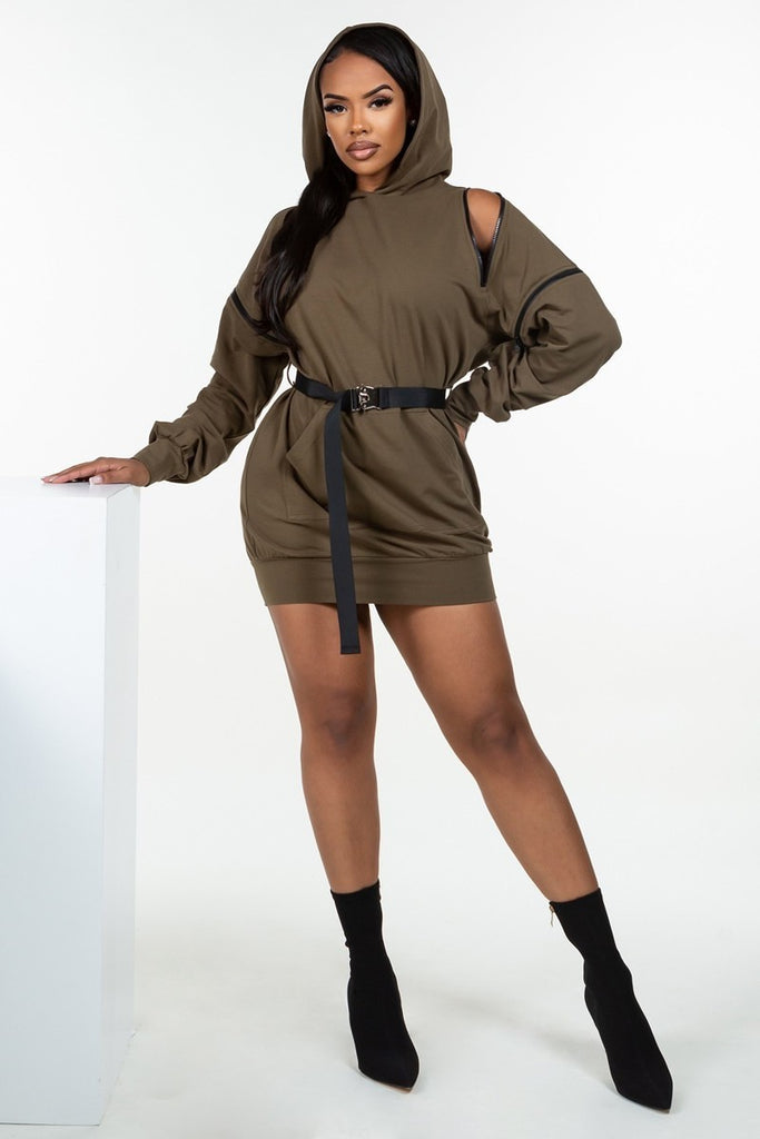 DOUBLE ZIPPER LONG SLEEVE HOODED MINI DRESS WITH AN ACCENT BELT + POCKET DETAILS.  (SLEEVE ZIPPERS ARE DETACHABLE)