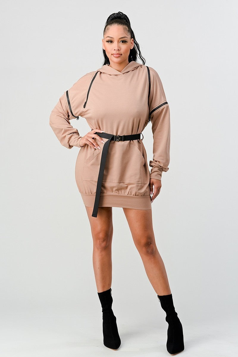 DOUBLE ZIPPER LONG SLEEVE HOODED MINI DRESS WITH AN ACCENT BELT + POCKET DETAILS.  (SLEEVE ZIPPERS ARE DETACHABLE)