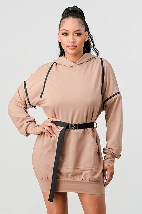 DOUBLE ZIPPER LONG SLEEVE HOODED MINI DRESS WITH AN ACCENT BELT + POCKET DETAILS.  (SLEEVE ZIPPERS ARE DETACHABLE)