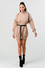 DOUBLE ZIPPER LONG SLEEVE HOODED MINI DRESS WITH AN ACCENT BELT + POCKET DETAILS.  (SLEEVE ZIPPERS ARE DETACHABLE)