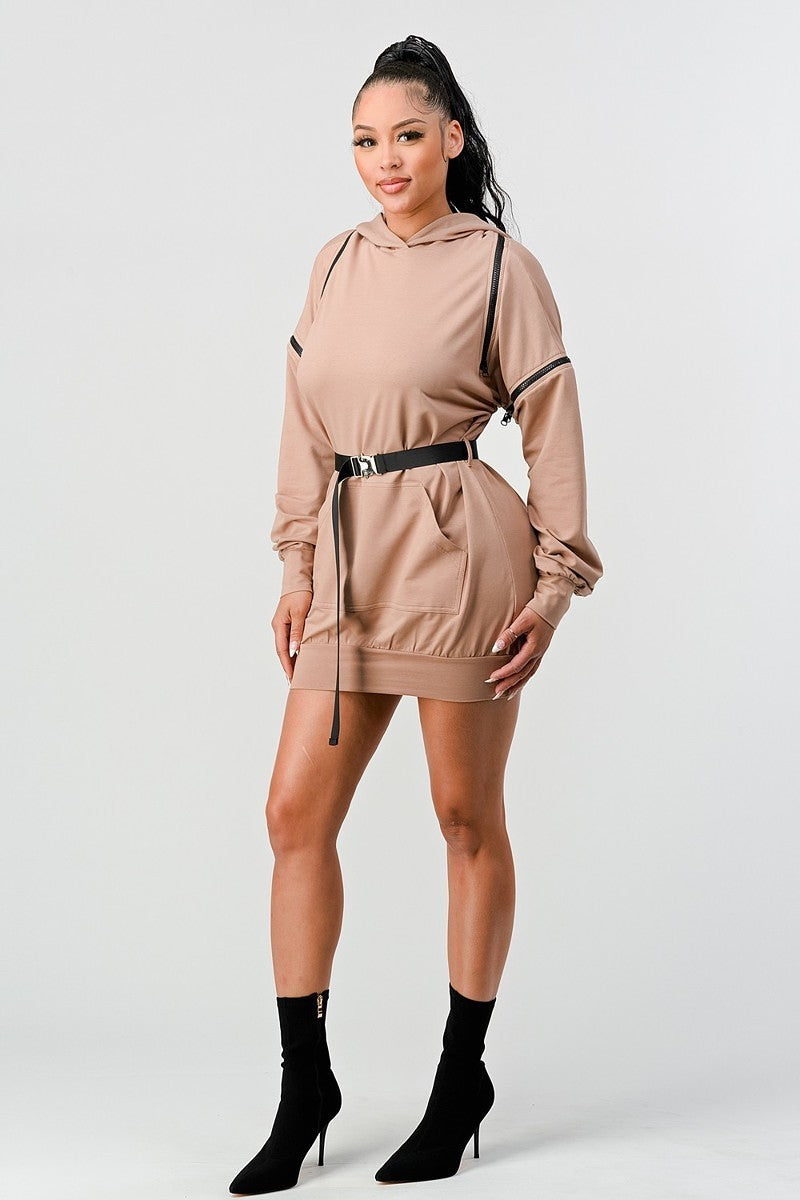 DOUBLE ZIPPER LONG SLEEVE HOODED MINI DRESS WITH AN ACCENT BELT + POCKET DETAILS.  (SLEEVE ZIPPERS ARE DETACHABLE)