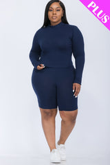 A plus size, mock-neck top and biker shorts set, perfect for a sporty and stylish look  Soft & light weight, high stretch jersey 