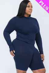 A plus size, mock-neck top and biker shorts set, perfect for a sporty and stylish look  Soft & light weight, high stretch jersey 