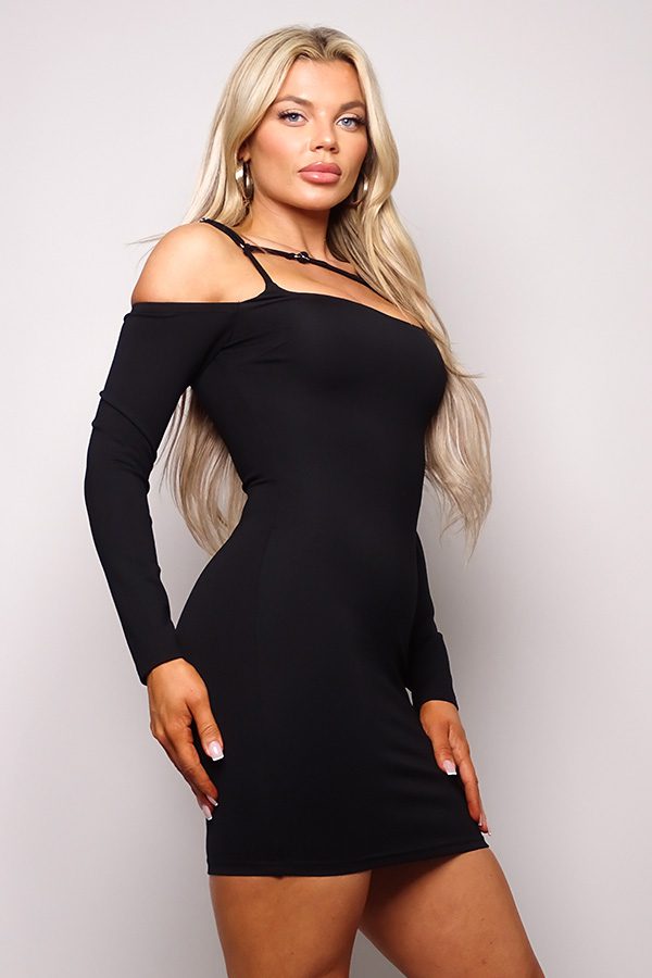 Long sleeve cuff front strap mini dress