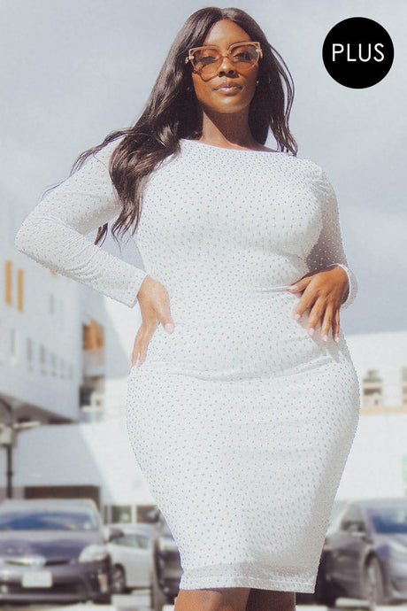 Ivory Translucent Silver Rhinestone Plus Size Midi Dress