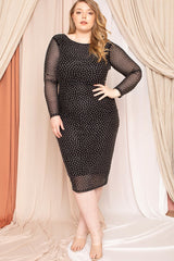 Black Translucent Silver Rhinestone Plus Size Midi Dress