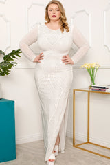 PATTERNED RHINESTONE PLUS SIZE MAXI DRESS LONG SLEEVE ROUND NECK SLIP ON