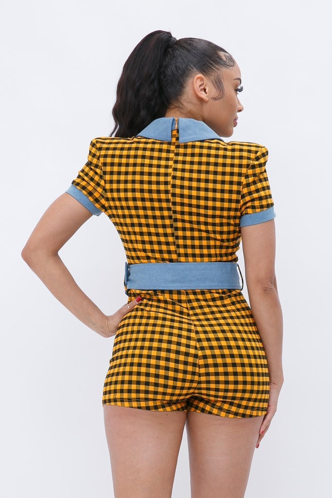 romper with JEWEL FRONT BUTTON UP CLOSURE, DENIM DETAILING THROUGHOUT, WIDE BELT, PLAID PATTEREN AND HIGH STRETCHY